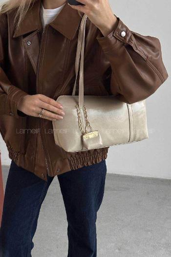 Lamelif Vanetta Model Deri Kadın El Ve Omuz Çantası Krem