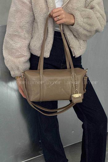 Lamelif Vanetta Model Deri Kadın El Ve Omuz Çantası Vizonrengi