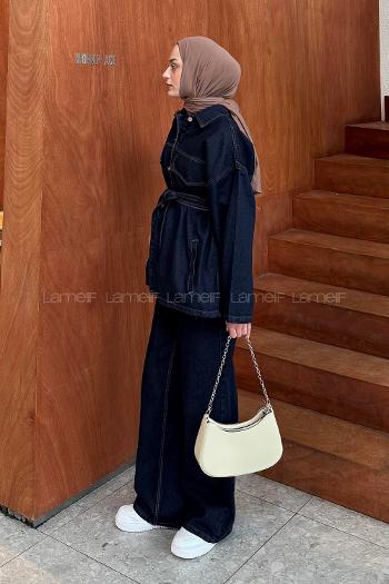 Lamelif Denim Kuşaklı Ceket-Pantolon İkili Takım Kot Mavisi