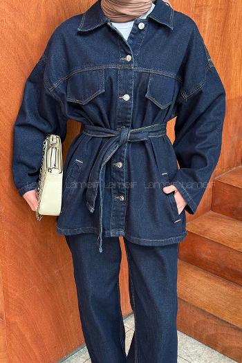 Lamelif Denim Kuşaklı Ceket-Pantolon İkili Takım Kot Mavisi