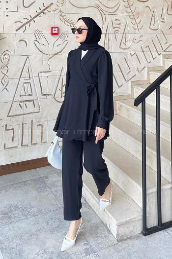 Lamelif Bağlamalı Ceketli Takım Siyah