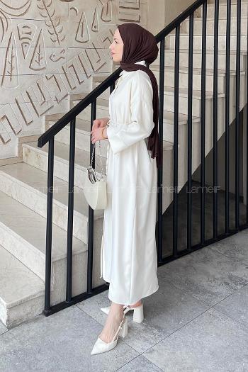 Lamelif Takma Manşet Detaylı Dabıl Tesettür Elbise Krem