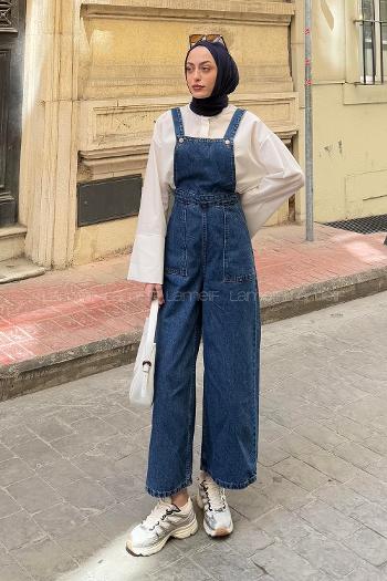 Lamelif Askılı Kot Tulum Kot Mavi
