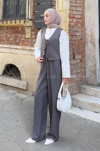 Smoked V Neck Sleeveless Arm Linen Cotton Regular Trousers Comfortable Suit