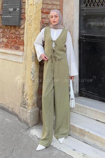 Khaki V Neck Sleeveless Arm Linen Cotton Regular Trousers Comfortable Suit