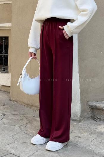 Claret Red Cotton Polyester Elastic Waist Comfortable Pants