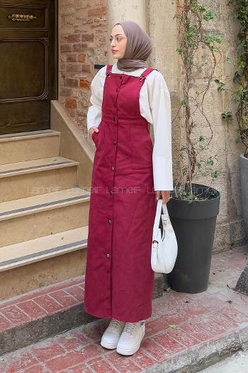 Lamelif Önü Boydan Düğmeli Salopet Bordo