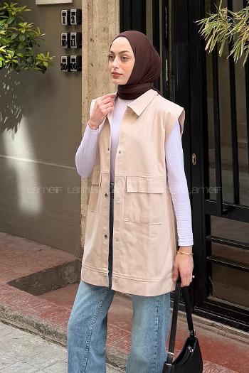 Sand Beige Shirt Collar Zero Arm Without Accessories Cotton Unprinted Vest