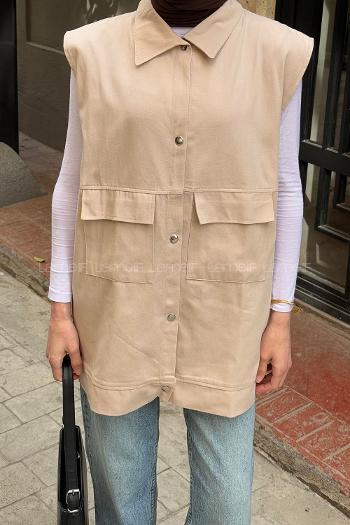 Sand Beige Shirt Collar Zero Arm Without Accessories Cotton Unprinted Vest