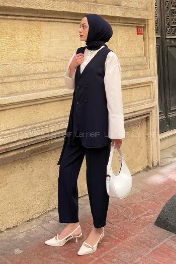 Navy Blue V Neck Sleeveless Arm Buttoned Cotton Polyester Regular Trousers Comfortable Suit