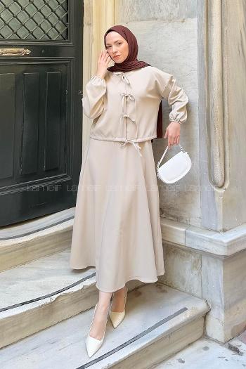 Lamelif Üç Bağcıklı Etekli Tesettür Takım Bej