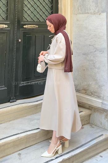 Lamelif Üç Bağcıklı Etekli Tesettür Takım Bej
