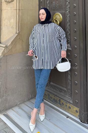 Lamelif Reina Çizgili Tesettür Gömlek Lacivert