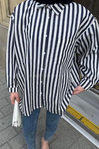 Lamelif Reina Çizgili Tesettür Gömlek Lacivert