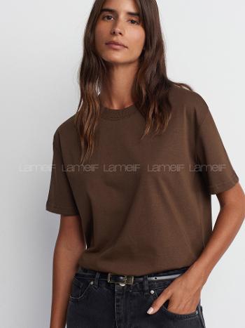 Lamelif Dilvin 30312 Dekoratif Dikişli Bisiklet Yaka Tshirt-Koyu Kahverengi