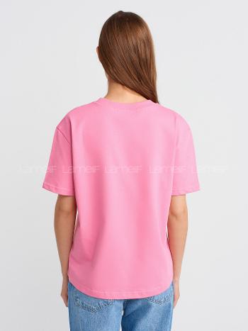 Lamelif Dilvin 30312 Dekoratif Dikişli Bisiklet Yaka Tshirt-Pembe