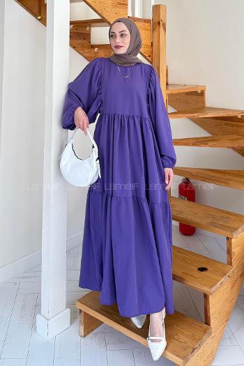 Lamelif Balon Kol Katlı Elbise Mor
