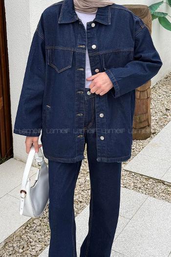 Dark Blue Shirt Collar Long Arm Denim Regular Trousers Comfortable Suit