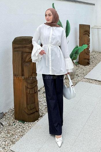 lamelif Piliseli Uzun Gömlek Beyaz