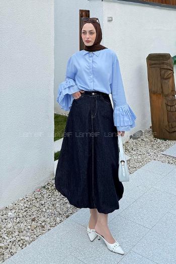 lamelif Piliseli Uzun Gömlek Mavi