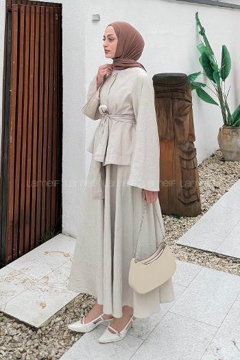Beige Medium Crew Neck Long Arm Cotton Skirt Suit