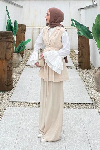 Lamelif İnce Kuşaklı Yelekli Takım Bej