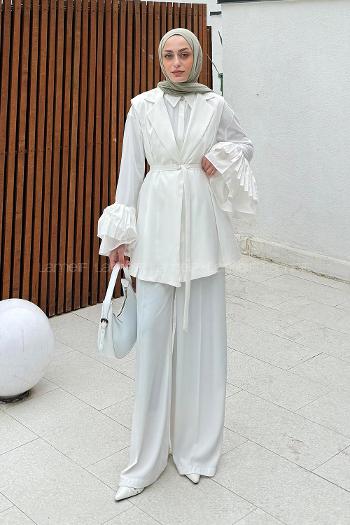 Lamelif İnce Kuşaklı Yelekli Takım Beyaz