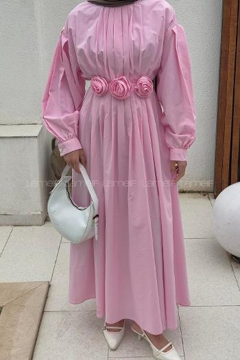 Lamelif Pileli Poplin Elbise Şeker Pembesi