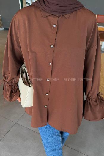 Lamelif Kol Tünel İp Detaylı Gömlek Acı Kahve
