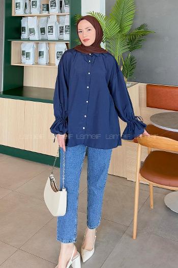 Navy Blue Shirt Collar Long Arm Poplin Fabric Shirt