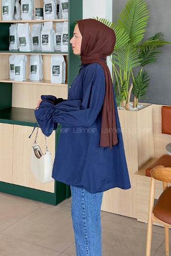 Navy Blue Shirt Collar Long Arm Poplin Fabric Shirt