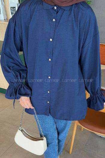 Navy Blue Shirt Collar Long Arm Poplin Fabric Shirt