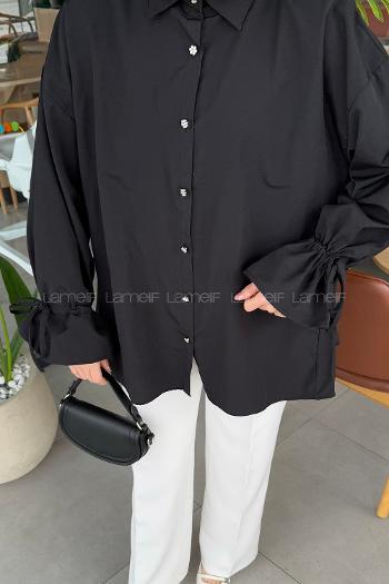 Black Shirt Collar Long Arm Poplin Fabric Shirt