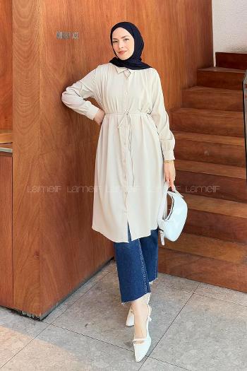 Lamelif Bağlama Detaylı Uzun Tesettür Tunik Taş Rengi