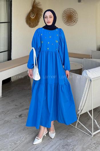 Lamelif Elica Tesettür Elbise Saks Mavisi