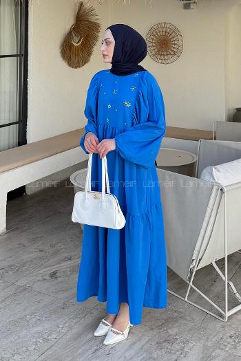 Lamelif Elica Tesettür Elbise Saks Mavisi