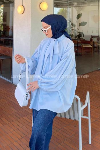 Lamelif Yaka Fular Detaylı Gömlek Bebe Mavisi