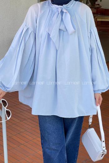 Lamelif Yaka Fular Detaylı Gömlek Bebe Mavisi