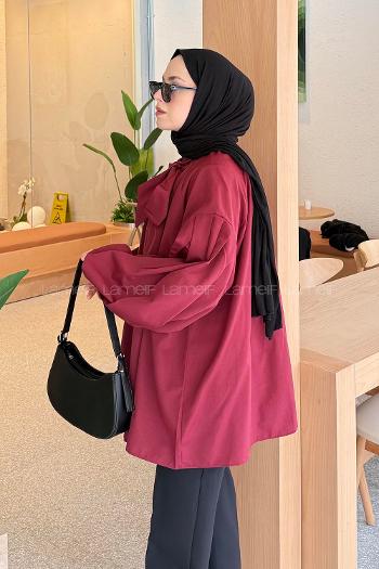Lamelif Yaka Fular Detaylı Gömlek Bordo