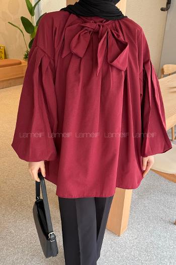 Lamelif Yaka Fular Detaylı Gömlek Bordo