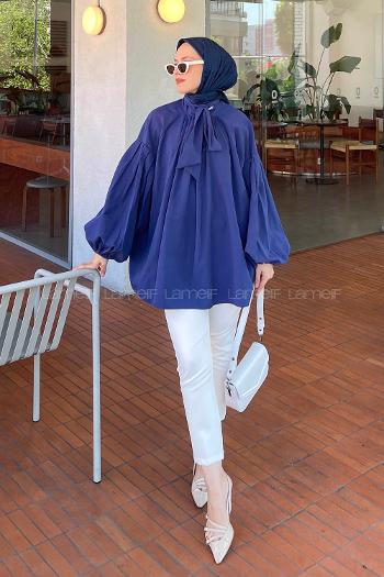 Lamelif Yaka Fular Detaylı Gömlek Lacivert