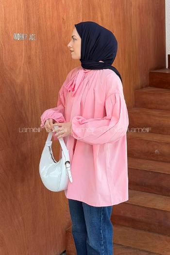 Candy Pink Turtle Neck Long Arm Poplin Fabric Shirt