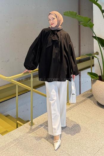 Lamelif Yaka Fular Detaylı Gömlek Siyah