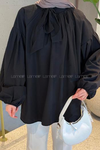 Lamelif Yaka Fular Detaylı Gömlek Siyah