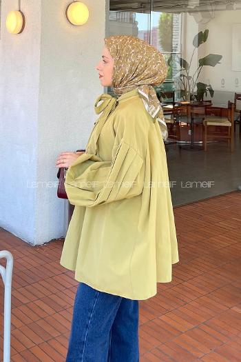 Lamelif Yaka Fular Detaylı Gömlek Yağ Yeşili