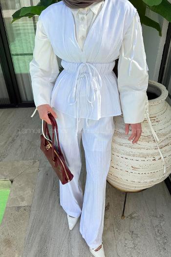 White V Neck Zero Arm Linen Linen Suit