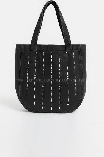 Lamelif Yıkamalı Düz Taş İşlemeli Kot Cırt Kapamalı Armalı Çanta 