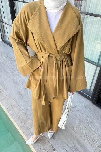 Oil Green Normal Neck Long Arm Linen Cotton Fabric Viscose Fabric Regular Trousers Linen Suit