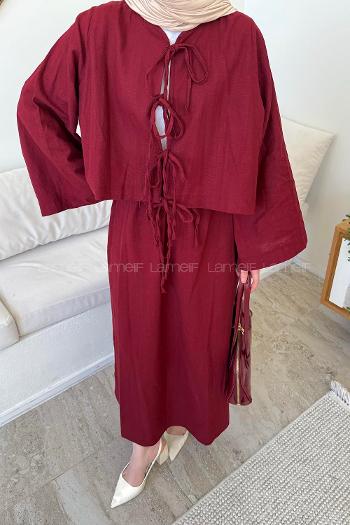 Lamelif Önü Bağlamalı Keten Takım Bordo