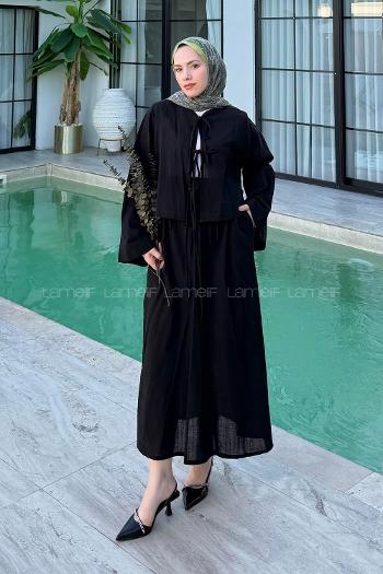 Lamelif Önü Bağlamalı Keten Takım Siyah